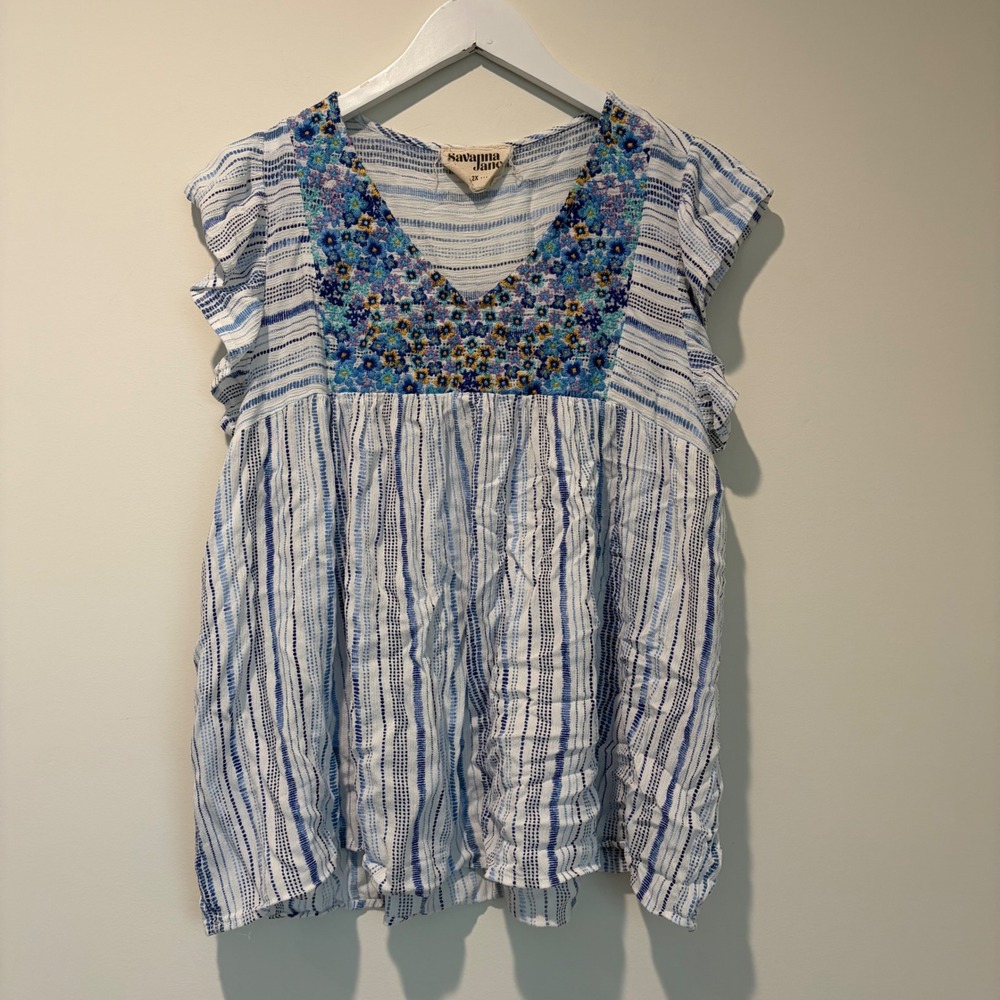 Savanna Jane Blue White Striped Floral Embroidered Babydoll Blouse Top 2X